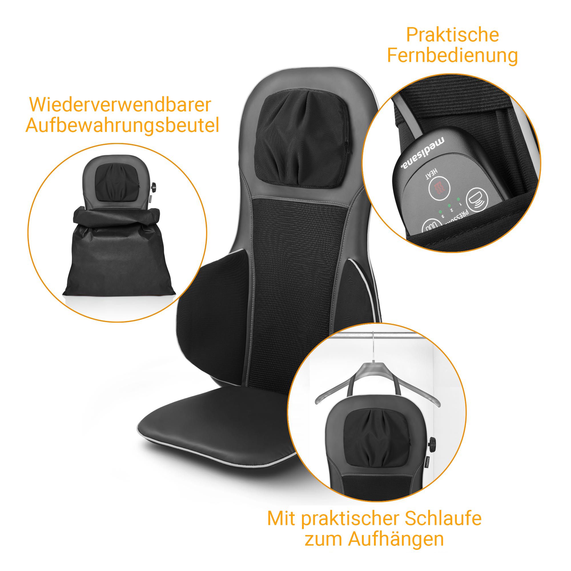 Massagematte mit Zubehör: Aufbewahrungsbeutel, Fernbedienung und Aufhängeschlaufe.
