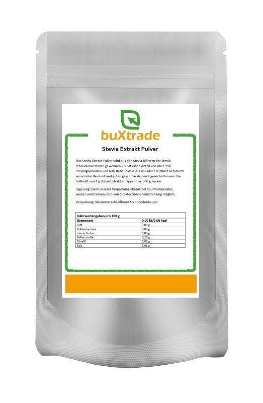 Beutel mit weißem Hintergrund. Aufdruck mit Logo und Text: Stevia Extrakt Pulver. Enthält Nährwertangaben.