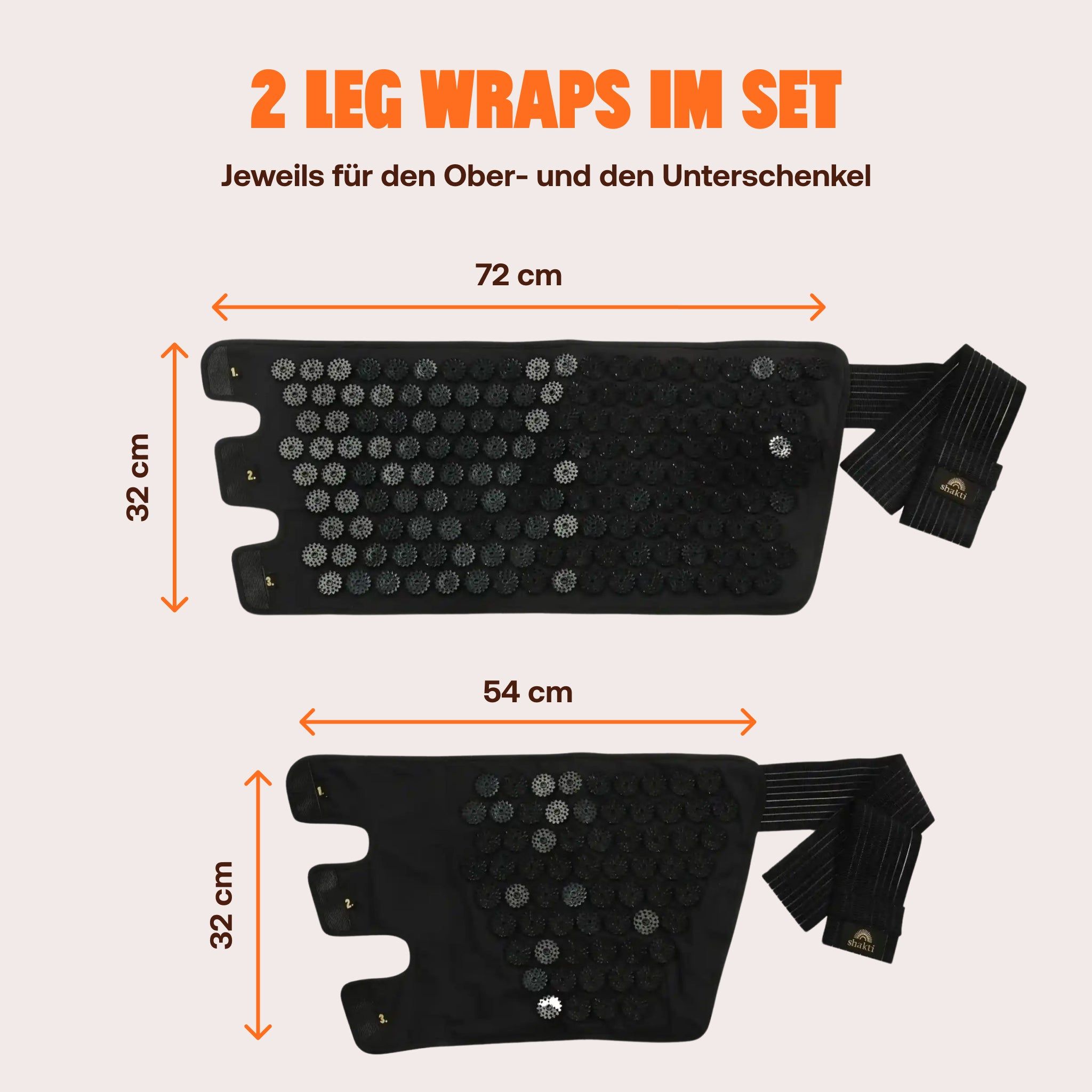 Zwei Akupressur-Beinwickel mit Maßen: 72x32 cm und 54x32 cm. Für Ober- und Unterschenkel.
