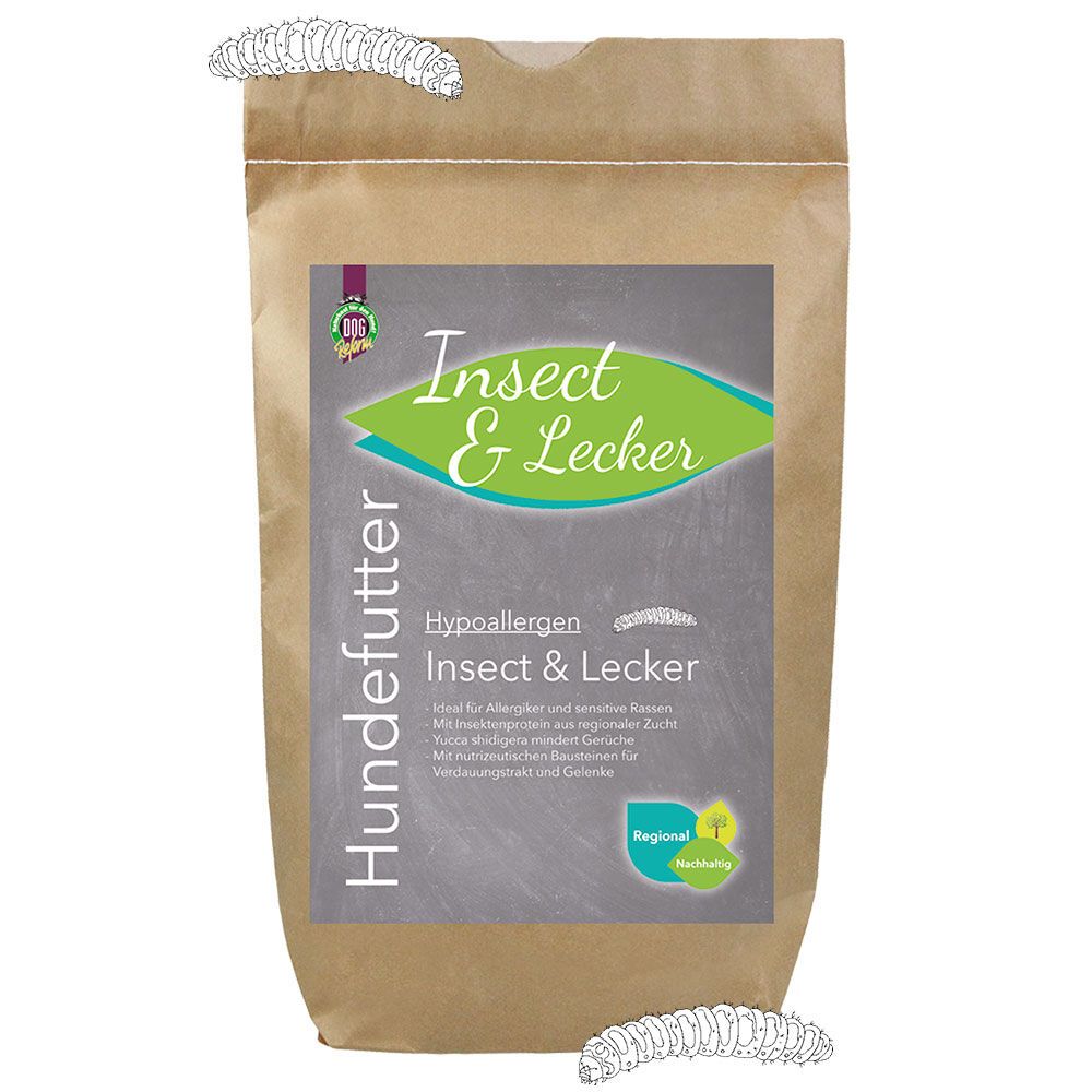 Beutel mit Aufdruck 'Insect & Lecker'. Text: 'Hypoallergen'. Braune Papiertüte mit Produktinformationen und Logo. Abgebildet sind Insekten.