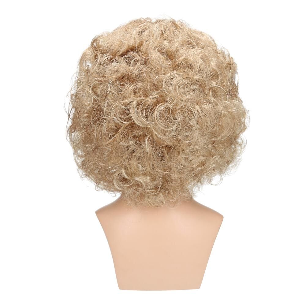 Perücke Violetta von Lofty, blond, lockig, auf einem Schaufensterkopf. Rückansicht.