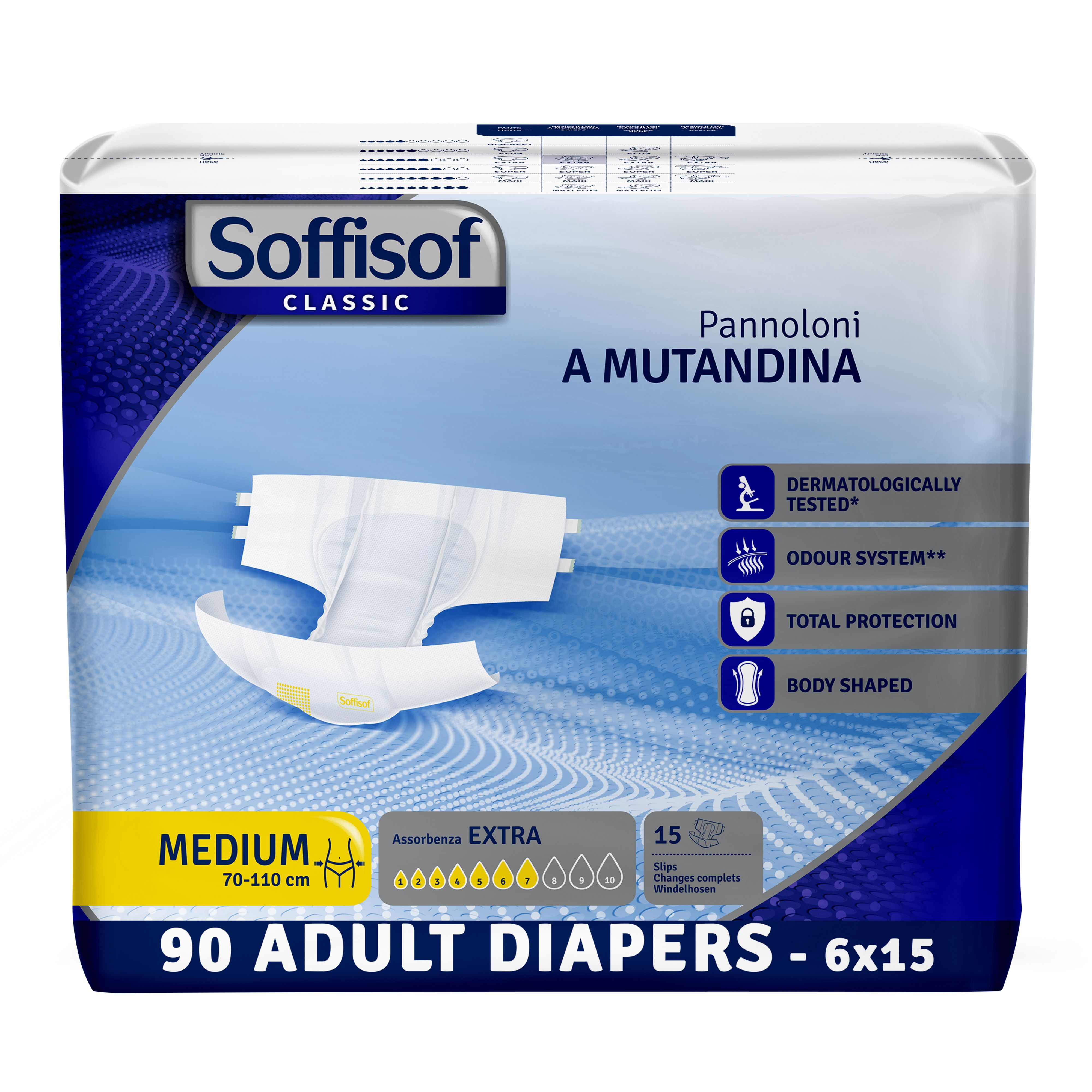 Soffisof Classic volwassen luiers Extra. Witte luier, Medium, 70-110 cm. 90 stuks. Dermatologisch getest.