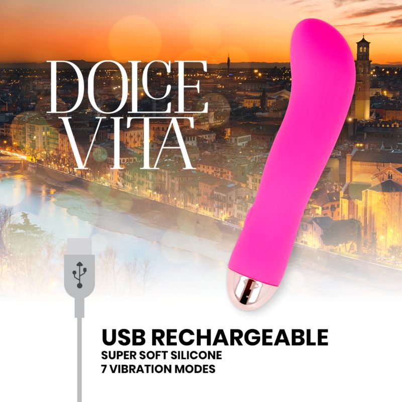 Pinkfarbener Silikon-Vibrator mit goldfarbenem Ende. Aufdruck: Dolce Vita, USB Rechargeable, 7 Vibrationsmodi.