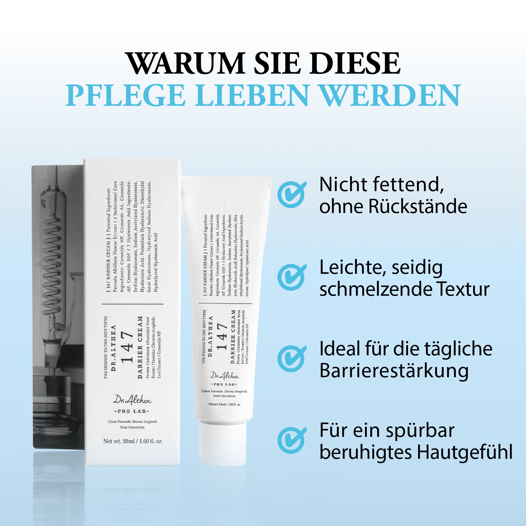 Zwei Produkte: Creme-Tube und Verpackung. Text: Dr. Althea 147 Barrier Cream. Text: Nicht fettend, leichte Textur.