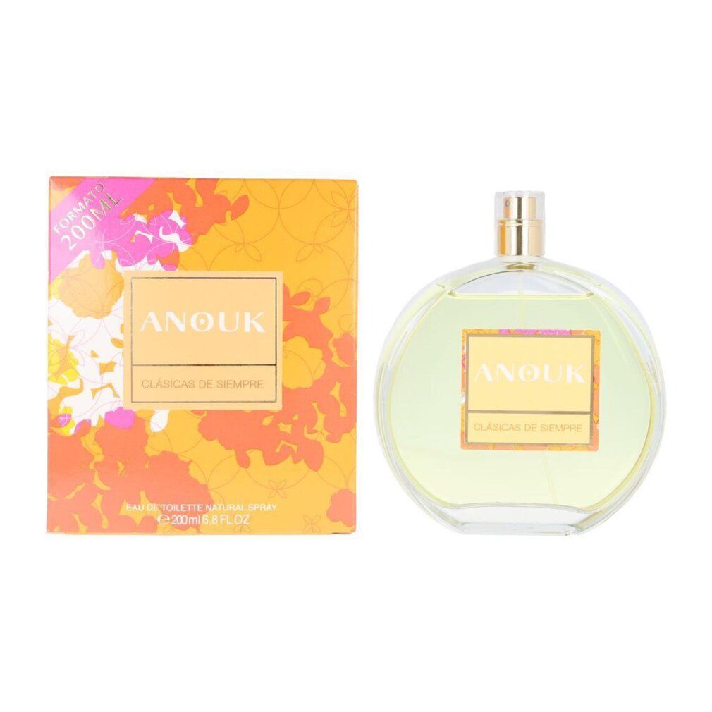 Anouk Eau De Toilette Spray. Runde Glasflasche mit gelblicher Flüssigkeit. Rechteckige Verpackung mit floralem Muster und Schriftzug.