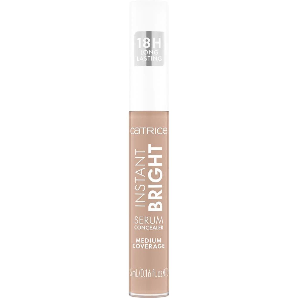 Catrice Instant Bright Serum Concealer, beige Tube mit weißem Deckel. Aufschrift: Instant Bright, Serum Concealer, Medium Coverage, 18H Long Lasting.