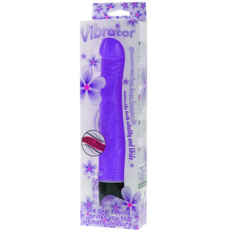 Lila Vibrator in Verpackung. Aufschrift "Vibrator". Blütenmuster. Text: "The real feeling brings you to ultimate pleasure".