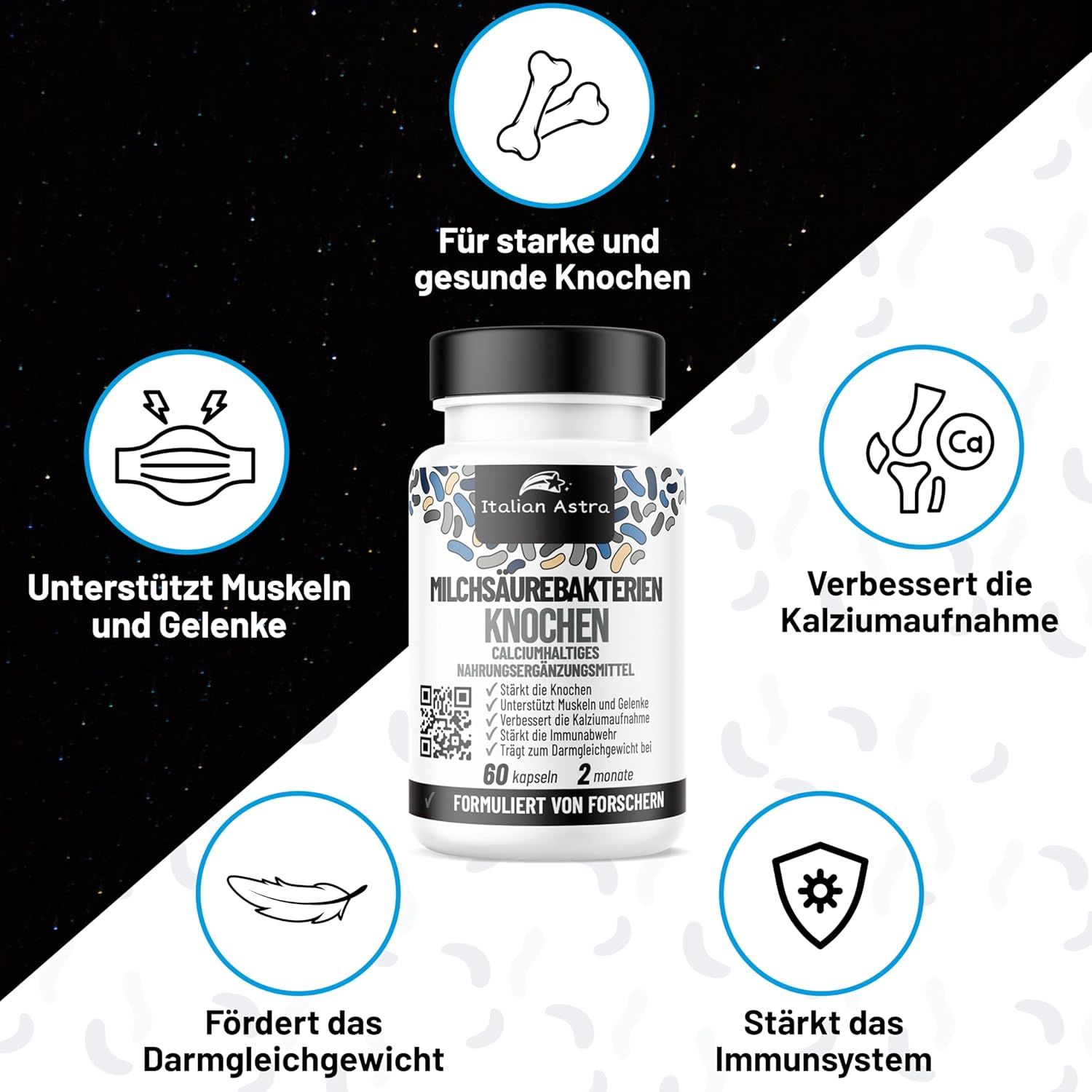 Produktflasche mit Illustrationen: Knochen, Muskeln, Kalziumaufnahme, Darmgleichgewicht, Immunsystem. Marke: Italian Astra.