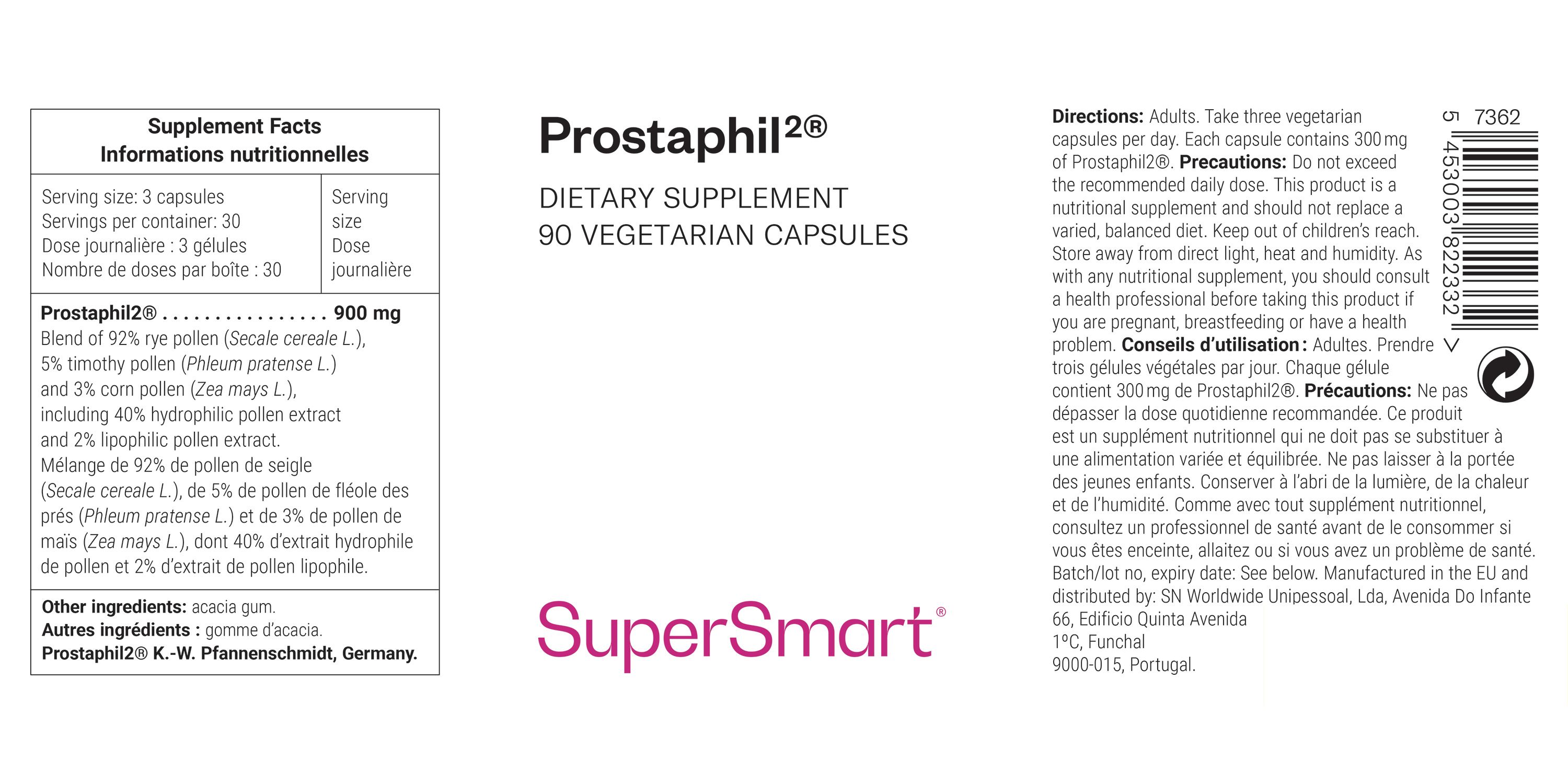 Rückseite der Produktverpackung. Enthält Informationen zu "Prostaphil®", Inhaltsstoffe, Dosierung und Hersteller. "SuperSmart" Logo.