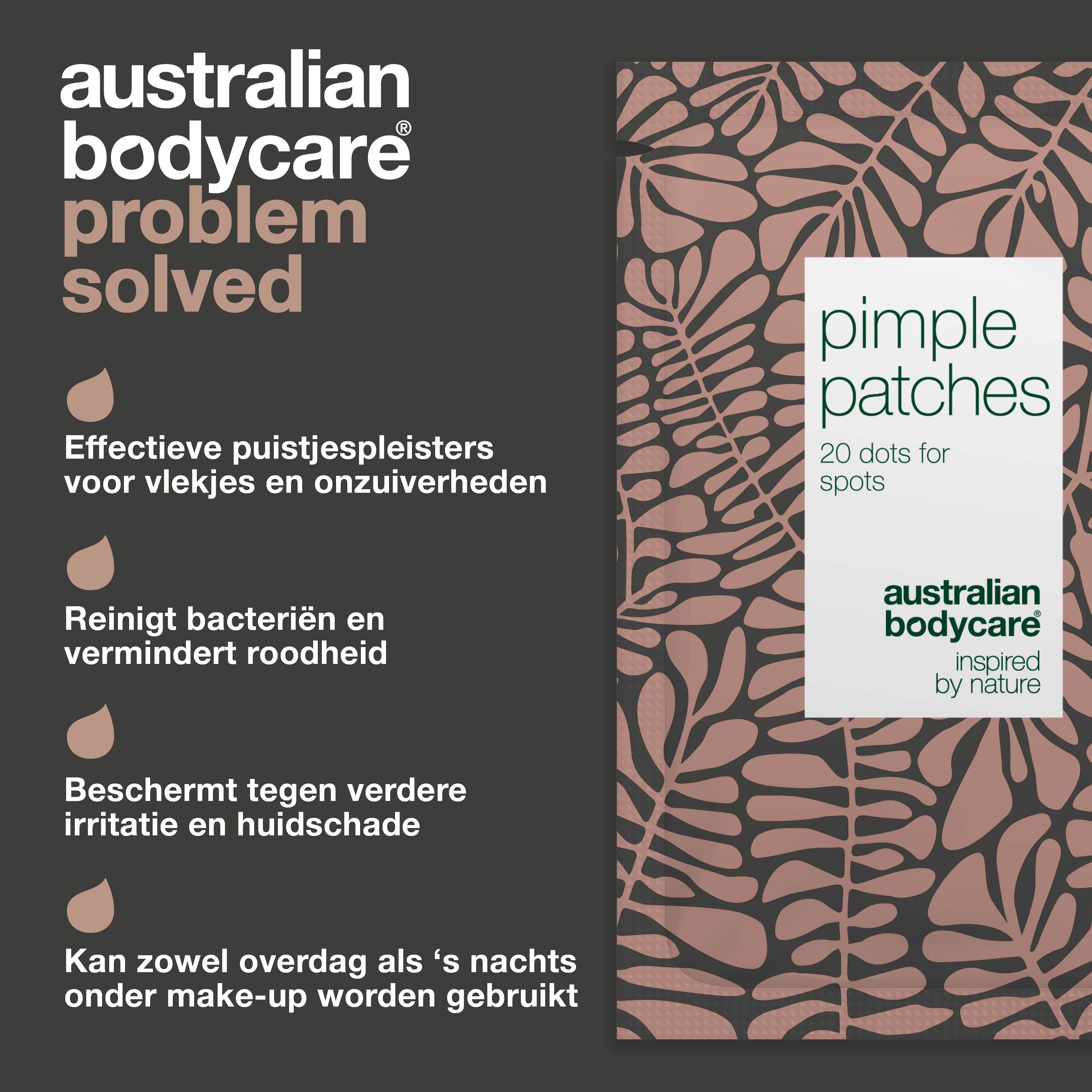 Verpakking met puistjespleisters. Tekst: Pimple Patches, 20 dots for spots, Australian Bodycare. Productvoordelen.
