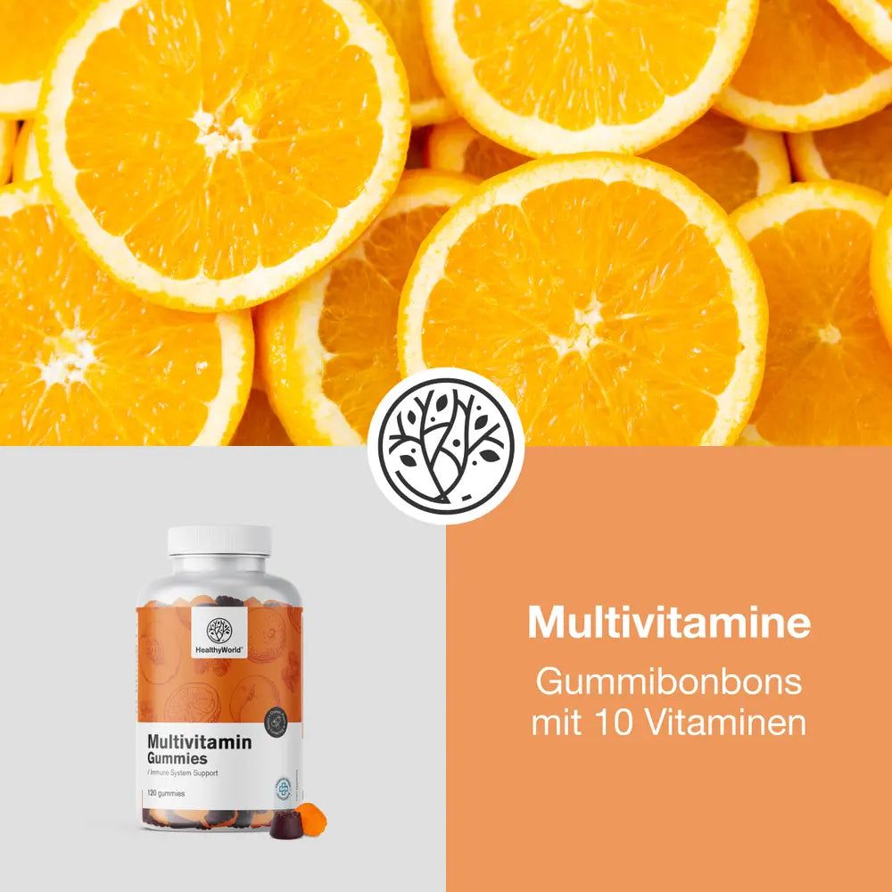 Orangenscheiben und eine Flasche Multivitamin Gummies. Logo: HealthyWorld. Text: Multivitamine Gummibonbons mit 10 Vitaminen.
