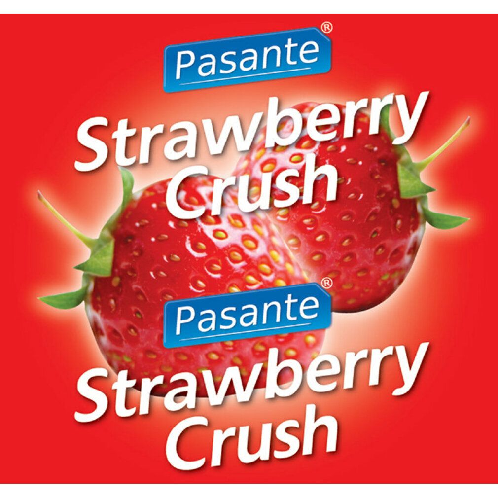 Rote Verpackung mit zwei Erdbeeren und Schriftzug 'Strawberry Crush'. Oben und unten ist der Markenname 'Pasante' zu sehen.