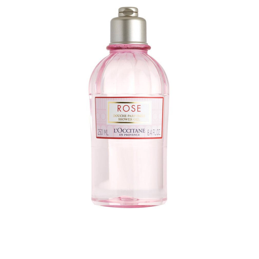 Rosa Duschgel-Flasche. Transparentes, rosafarbenes Gel. Etikett mit "Rose" und "L'Occitane". Silberner Deckel.