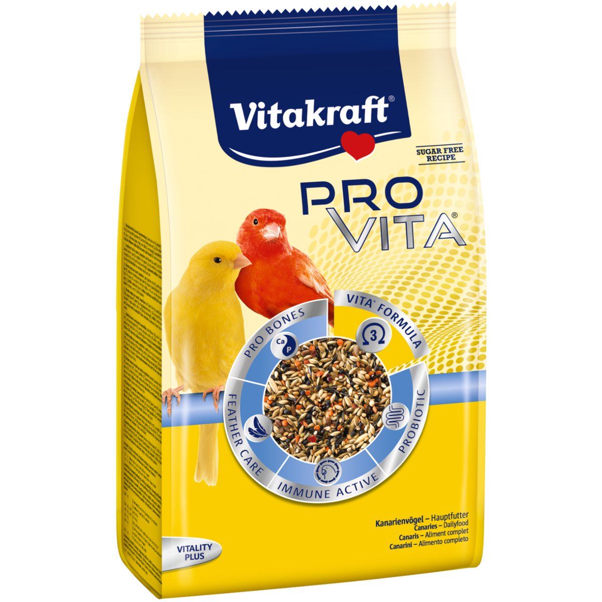 Gelbe und rote Kanarienvögel auf einer Futterpackung. Aufschrift: Vitakraft Pro Vita, Vita Formula, Pro Bones, Feather Care, Immune Active.
