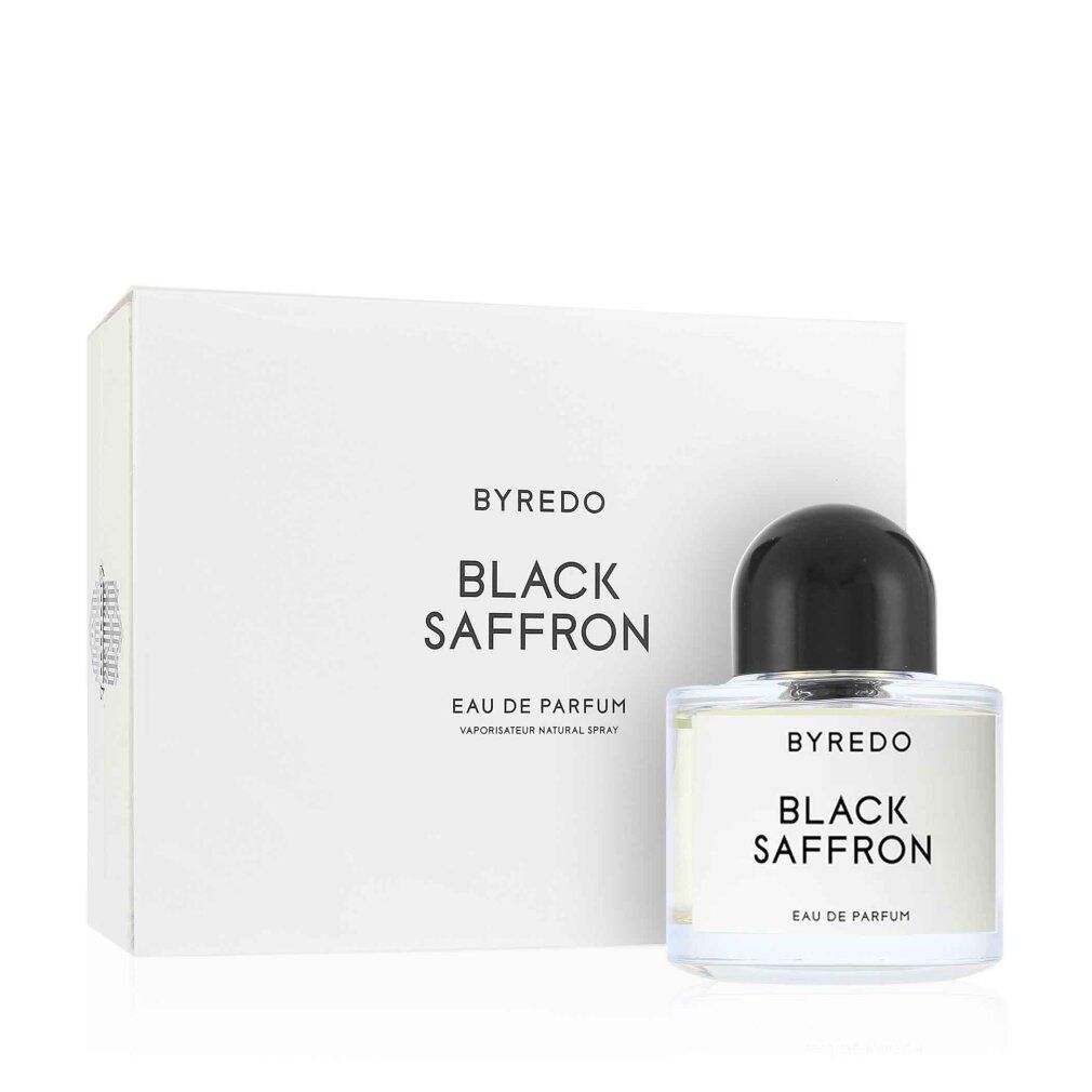 Glasflakon neben weißer Verpackung. Aufschrift "BYREDO BLACK SAFFRON".
