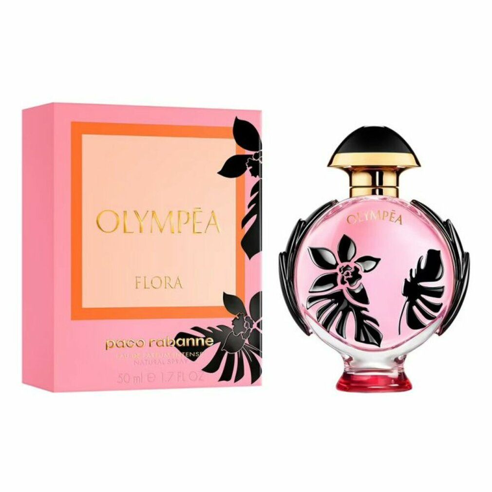 Rosa Schachtel und Flakon. Flakon rund, rosa Flüssigkeit, schwarzer Deckel. Schwarze Blumenmuster. Aufschrift Olympéa Flora.