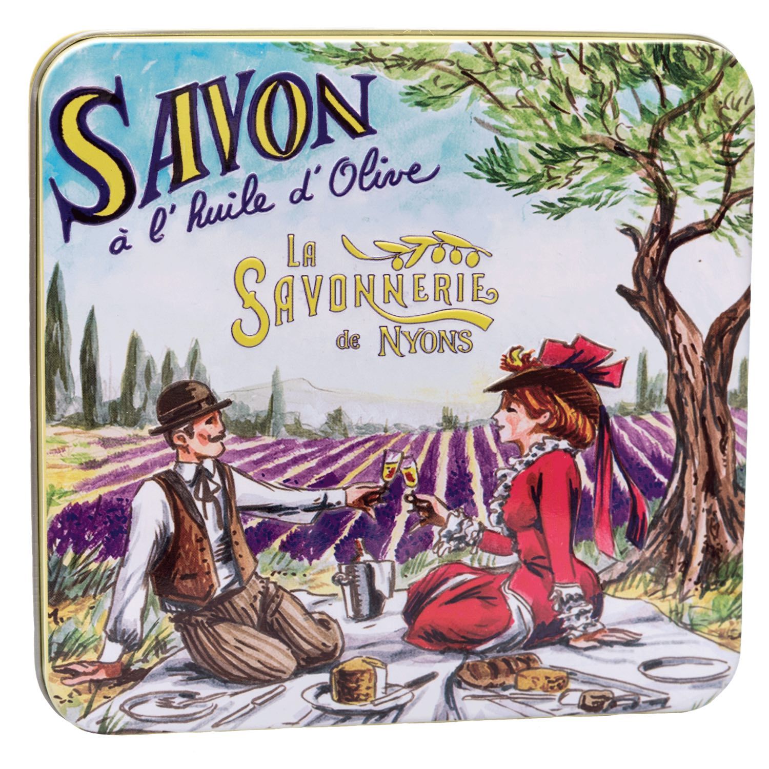 Metallbox mit Picknick-Motiv. Aufschrift "Savon à l'huile d'Olive" und "La Savonnerie de Nyons".