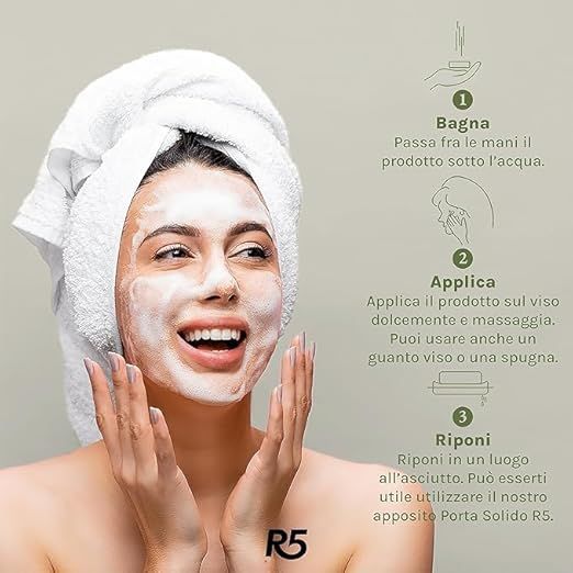 R5 Festes Gesichtsreinigungsmittel Illuminierend 2 Stück, natürlichen Ursprungs,Made in Italy