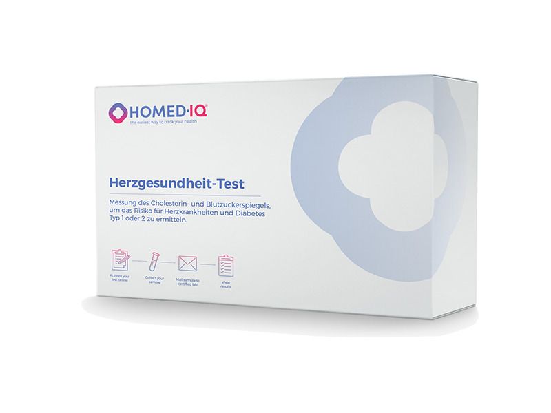Homed-IQ Herzgesundheits-Test-Verpackung. Weiße Schachtel mit Logo und Produktbezeichnung. Text: Messung von Cholesterin und Blutzuckerspiegel.