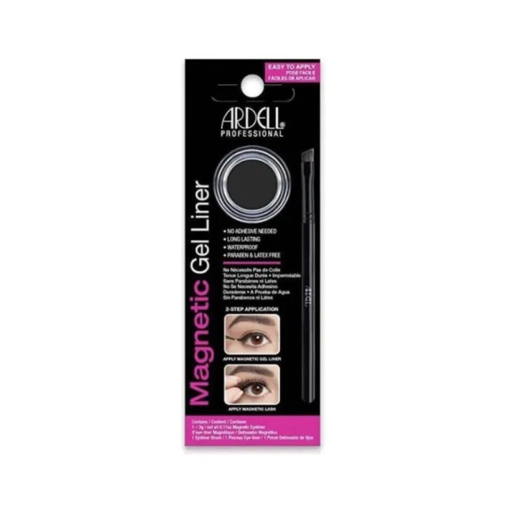 Ardell Magnetic Gel Liner. Schwarze Gel-Liner-Verpackung mit Pinsel. Enthält Informationen zu Inhaltsstoffen und Anwendung.
