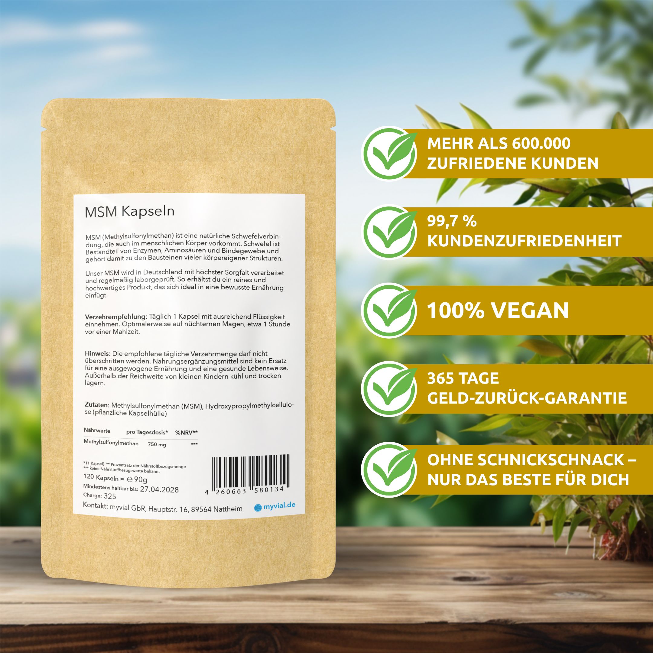 myvial® MSM Kapseln - natürlicher Schwefel - 800 mg hochdosiert