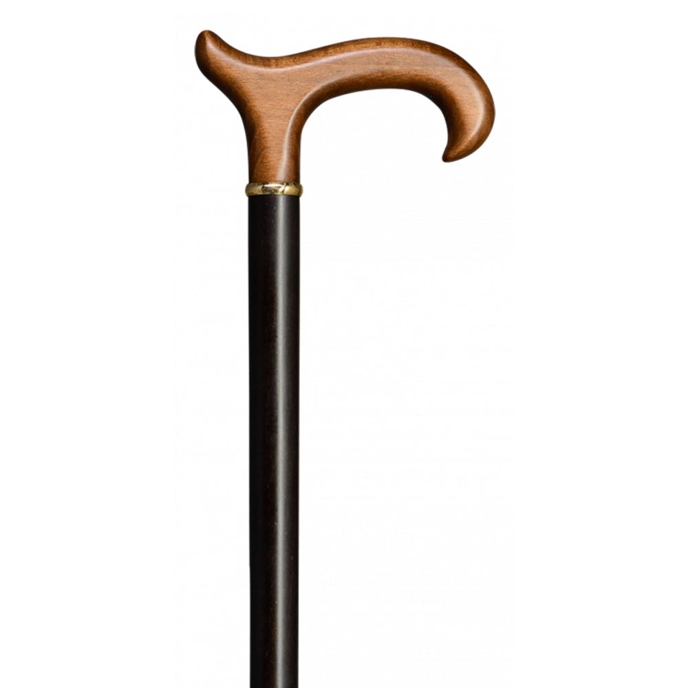 Gehstock mit braunem Holzgriff und schwarzem Schaft. Der Griff ist gebogen und mit einem goldenen Ring versehen.