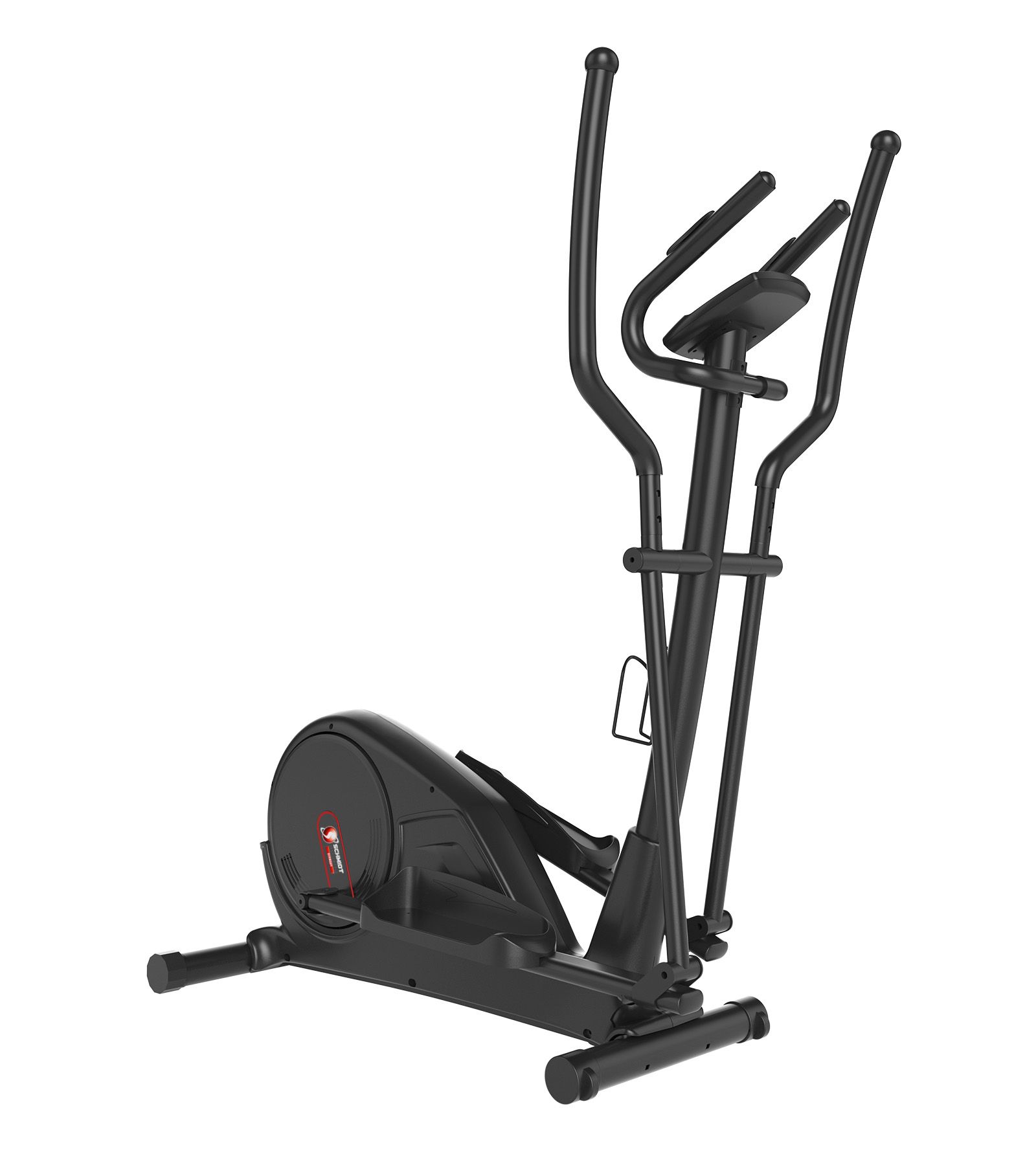 Schwarzer Crosstrainer. Vertikale Griffe, Pedale und ein rundes Schwungrad. Wasserflaschenhalterung.