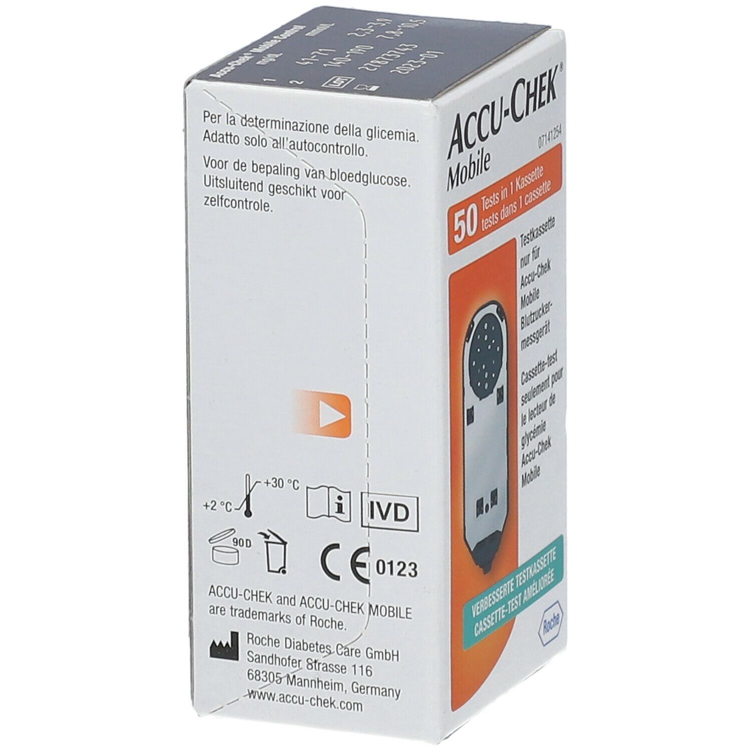 Verpackung der ACCU-CHEK Mobile Testkassette. Enthält 50 Tests. Produktname und Logo sichtbar. Informationen in mehreren Sprachen.