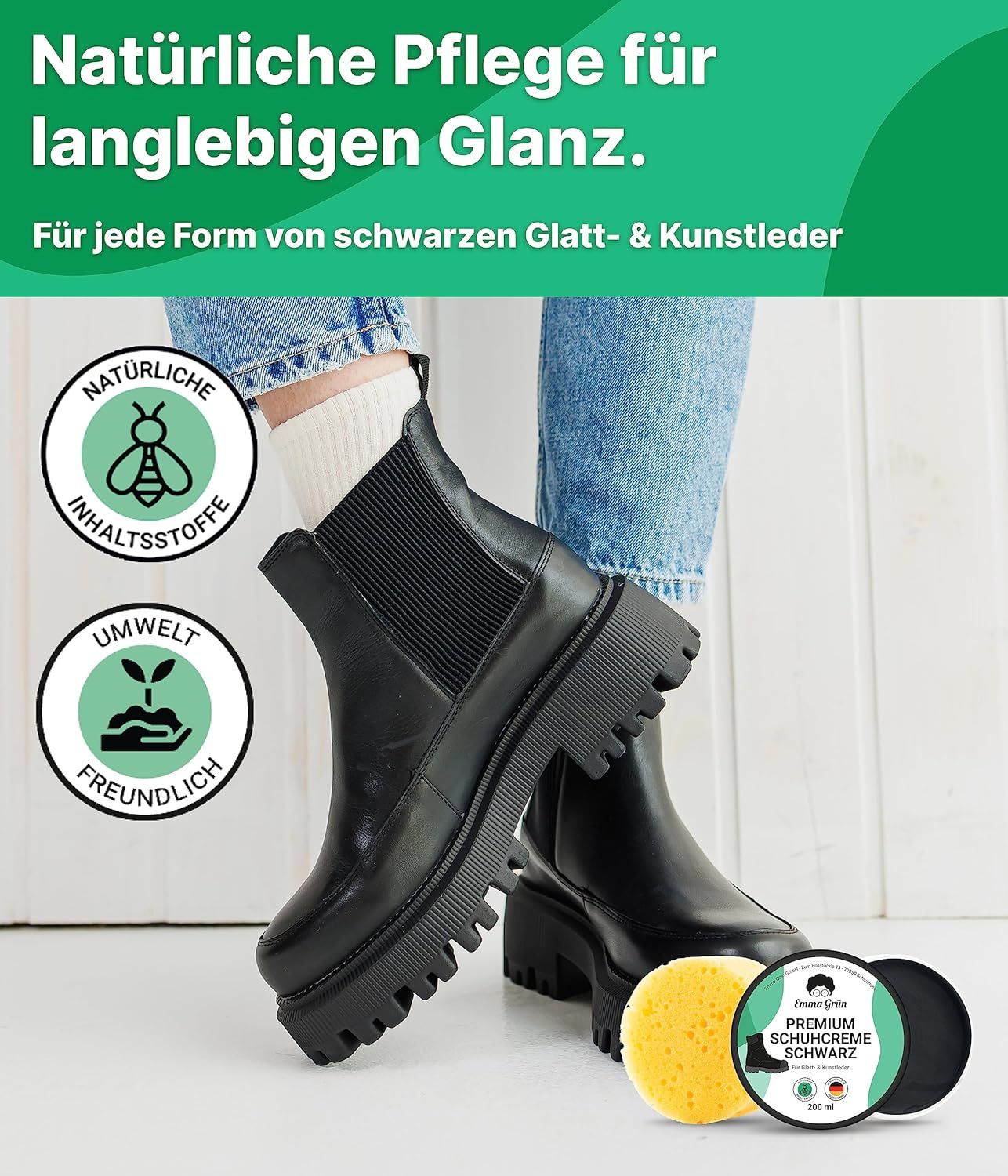 Emma Grün® Schuhcreme schwarz inkl. wiederverwendbarem Schwamm