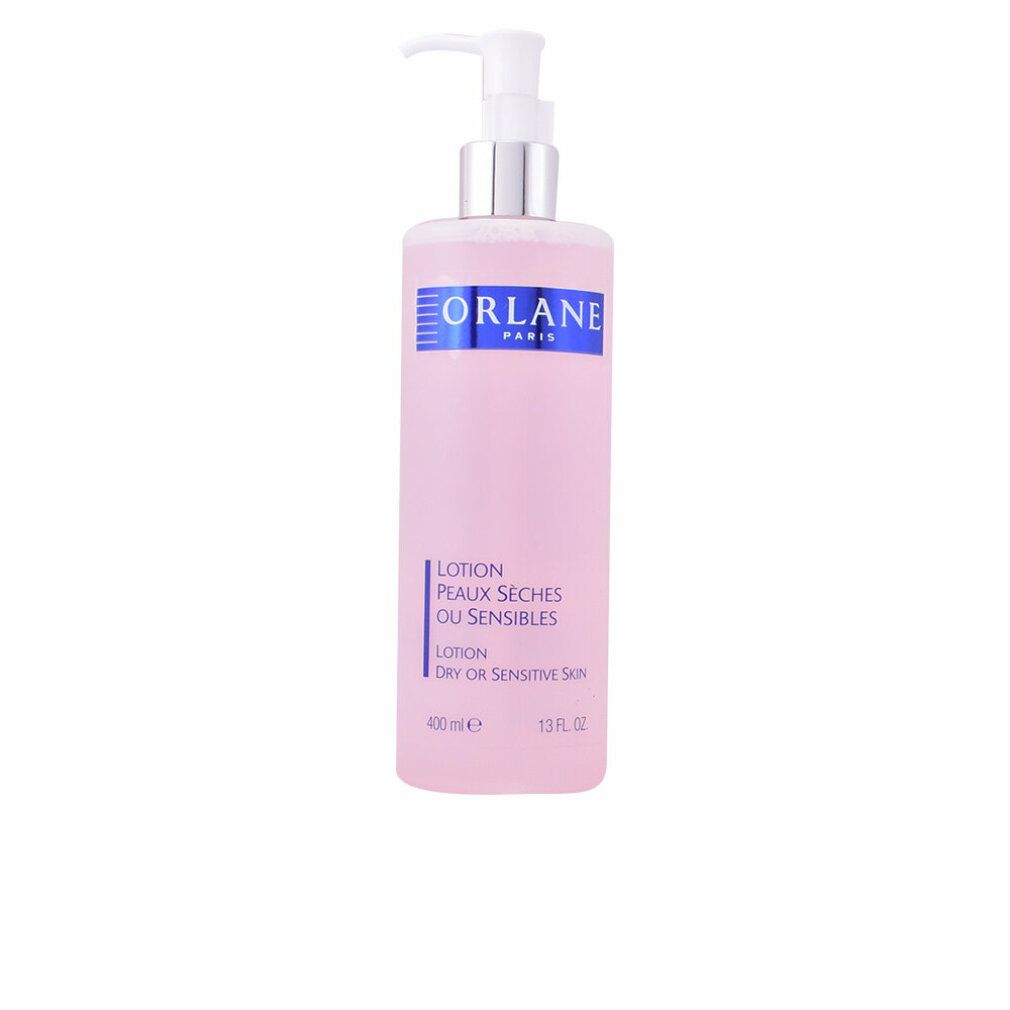 Rosa Lotion-Flasche mit blauem Etikett und silbernem Pumpkopf. Aufschrift: ORLANE, Lotion Peaux séches Ou Sensibles.
