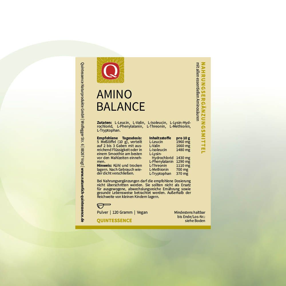 Pulverpackung mit Aufschrift Amino Balance, Quintessence. Zutatenliste und Nährwertangaben. Vegan.