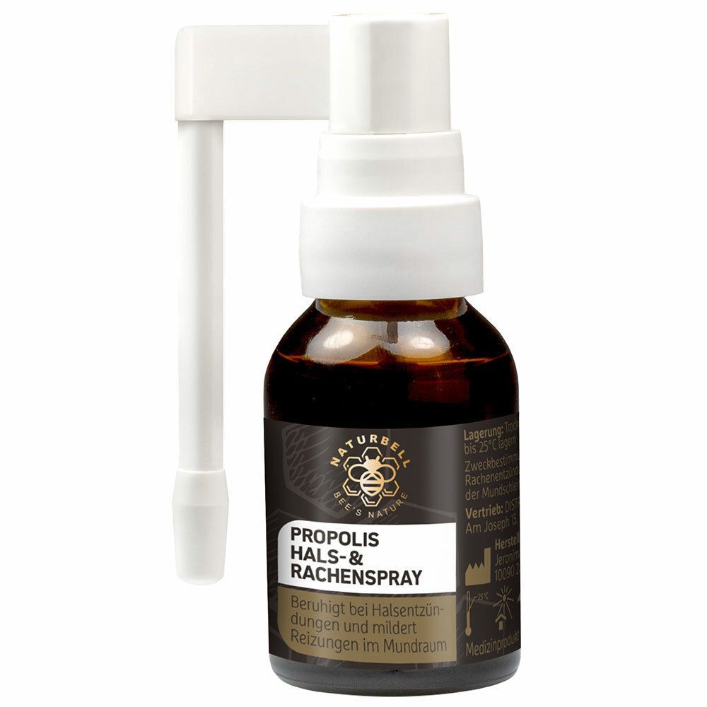 Braune Glasflasche mit weißem Sprühkopf und Applikator. Beschriftung: PROPOLIS HALS- & RACHENSPRAY, NaturBell.