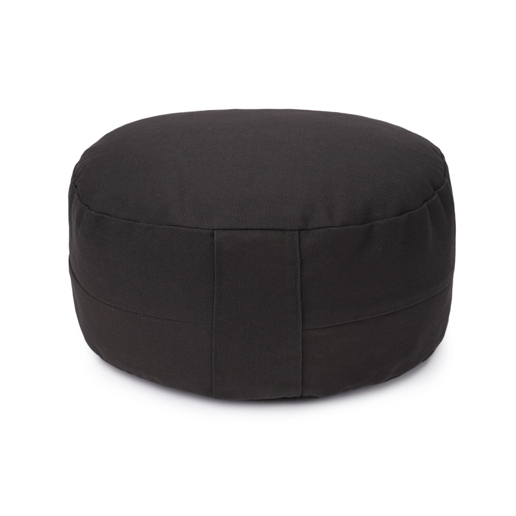Schwarzes, ovales Yogakissen aus Stoff mit einer umlaufenden Naht.