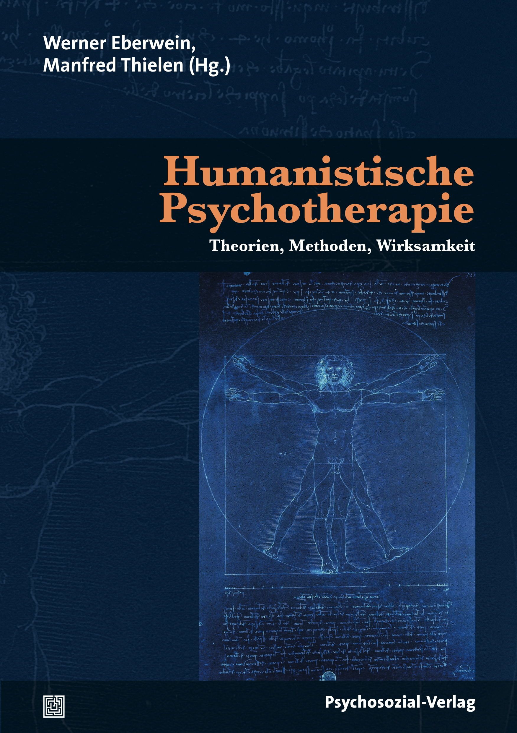 Buchcover mit Titel Humanistische Psychotherapie. Autoren: Werner Eberwein, Manfred Thielen. Verlag: Psychosozial-Verlag. Blaues Design mit Zeichnung.