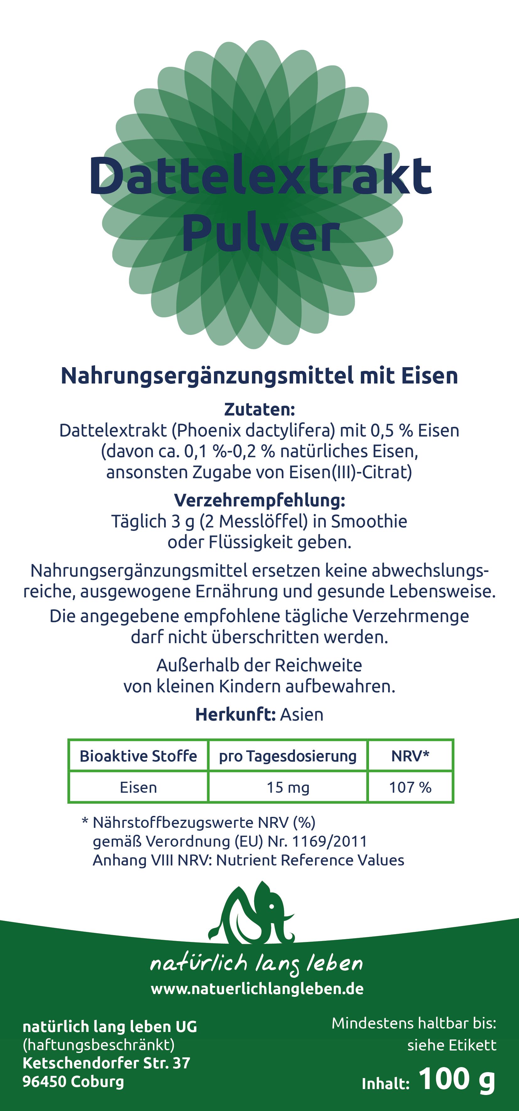 Etikett mit Produktinformationen. Text: Nahrungsergänzungsmittel mit Eisen. Zutaten, Verzehrempfehlung, Nährwertangaben. Logo: grünes Blattmuster und Elefant.