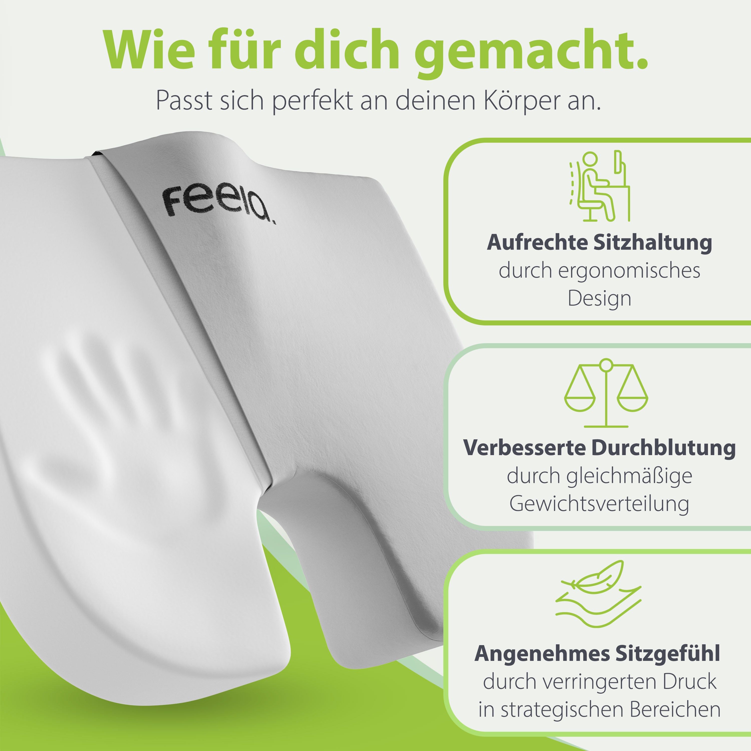 Keilkissen mit Handabdruck. Text: Aufrechte Sitzhaltung, verbesserte Durchblutung, angenehmes Sitzgefühl. Markenname feela. sichtbar.