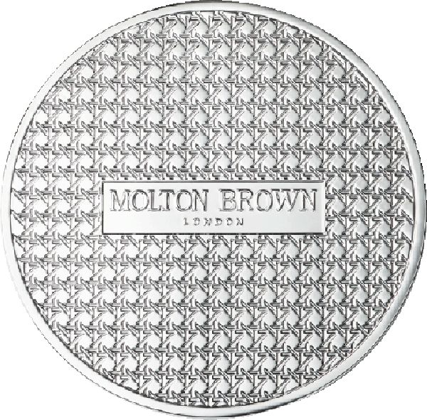 Runder silberner Deckel mit geprägtem Muster. "Molton Brown London" ist sichtbar.