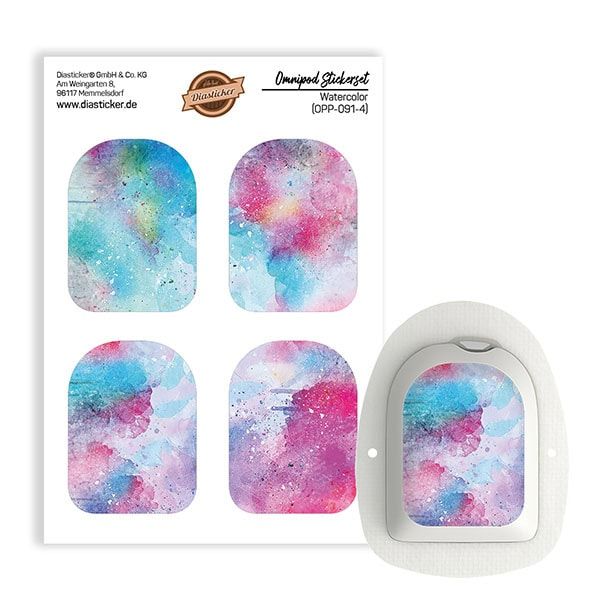 Diasticker® Omnipod Stickerset "Watercolor". Bogen mit vier Aufklebern und einem applizierten Aufkleber auf einem Gerät.
