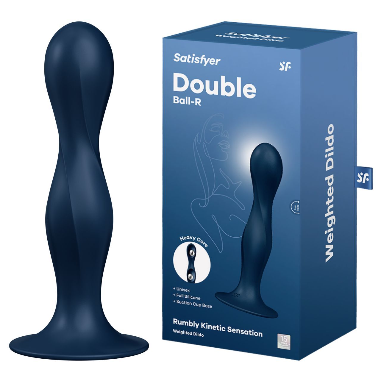 Satisfyer Double Ball-R Weighted Dildo und seine Verpackung.