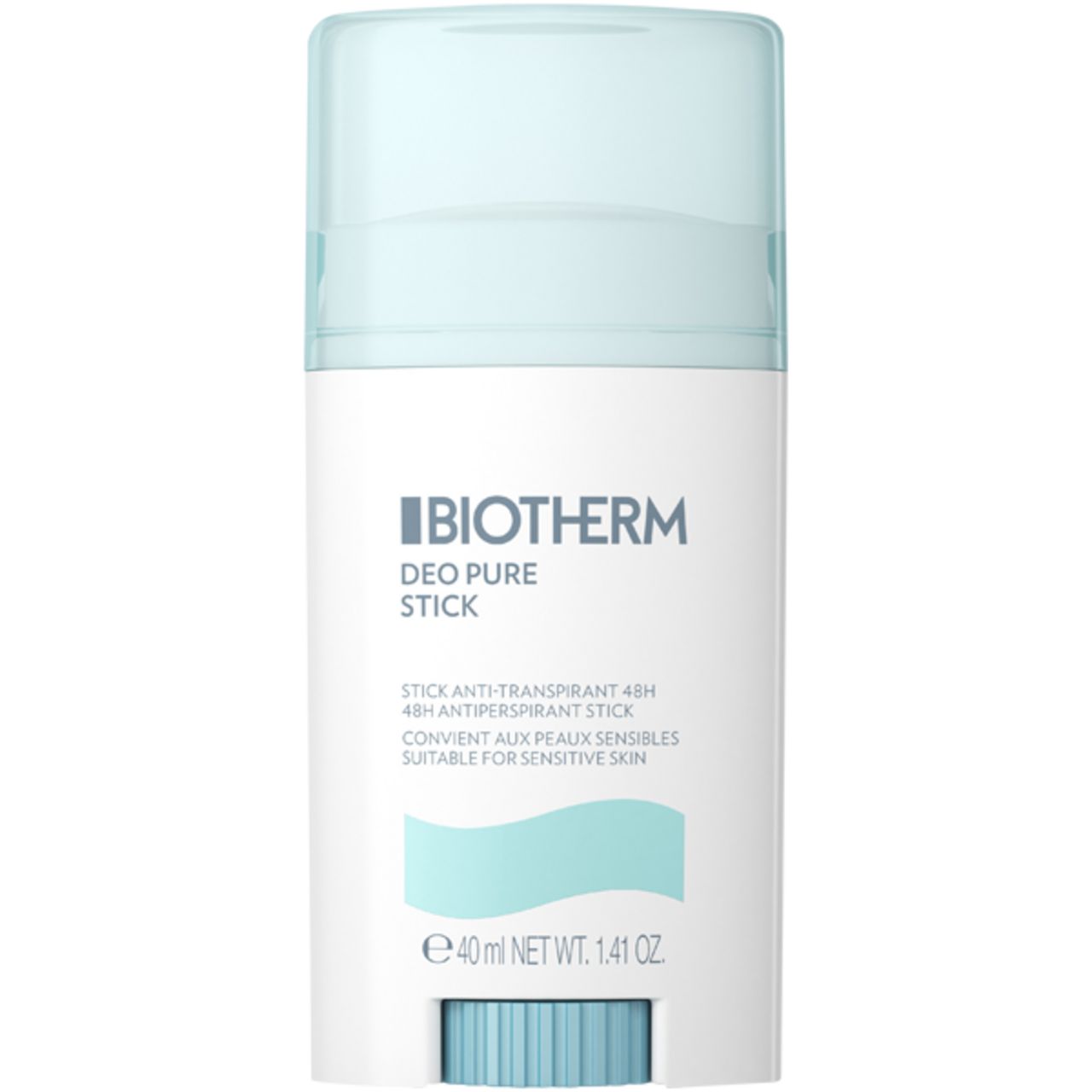 BIOTHERM Deo Pure Stick. Weißer Behälter mit hellblauem Deckel. Text: 'DEO PURE STICK', '48H Anti-Transpirant'.