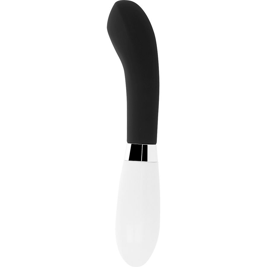 Silikonvibrator mit geschwungener Form. Schwarz und weiß. Zylindrischer Griff, gebogener Kopf.
