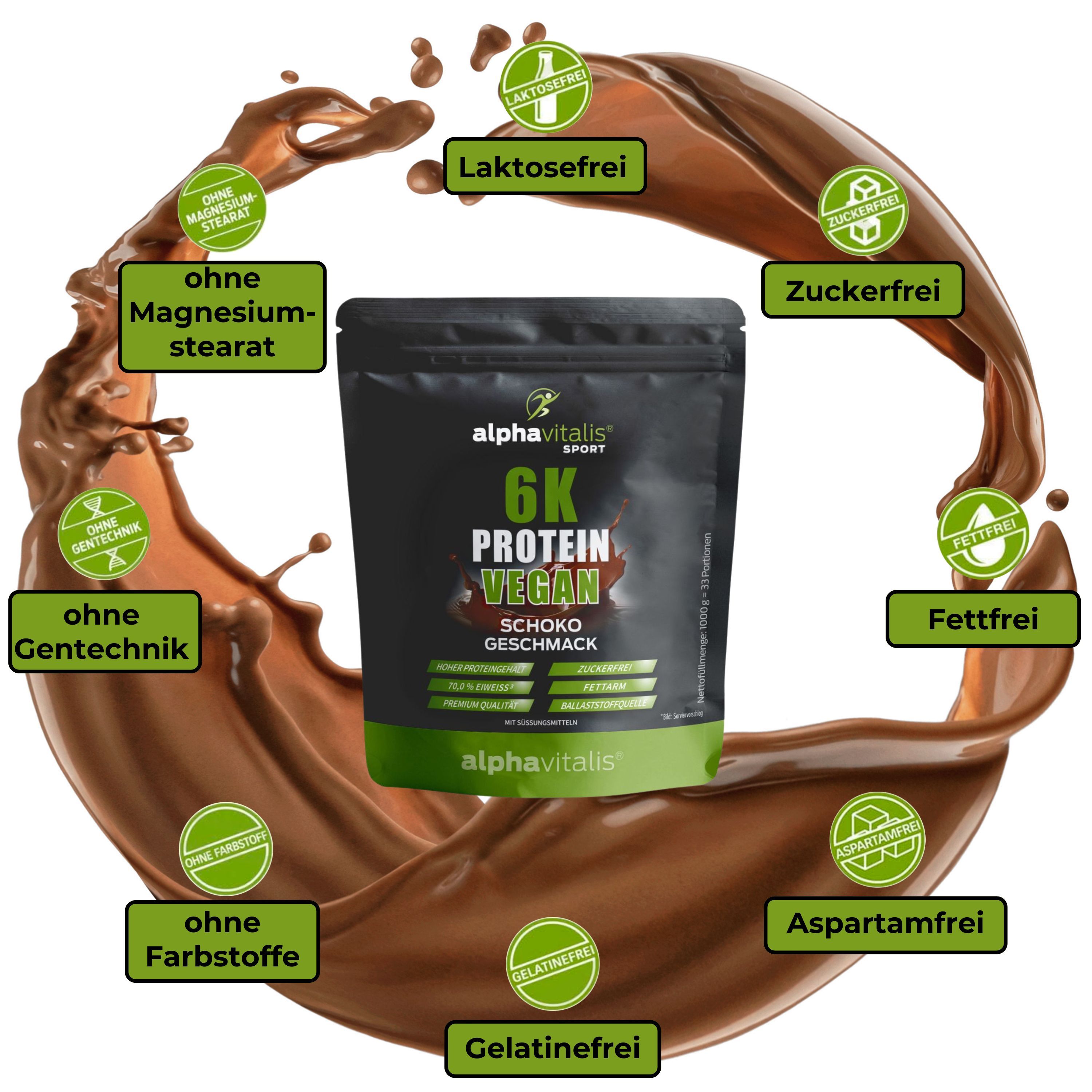 Alphavitalis 6K Protein vegan: Laktosefrei, Zuckerfrei, Fettfrei, Aspartamfrei, ohne Farbstoffe, ohne Gentechnik.