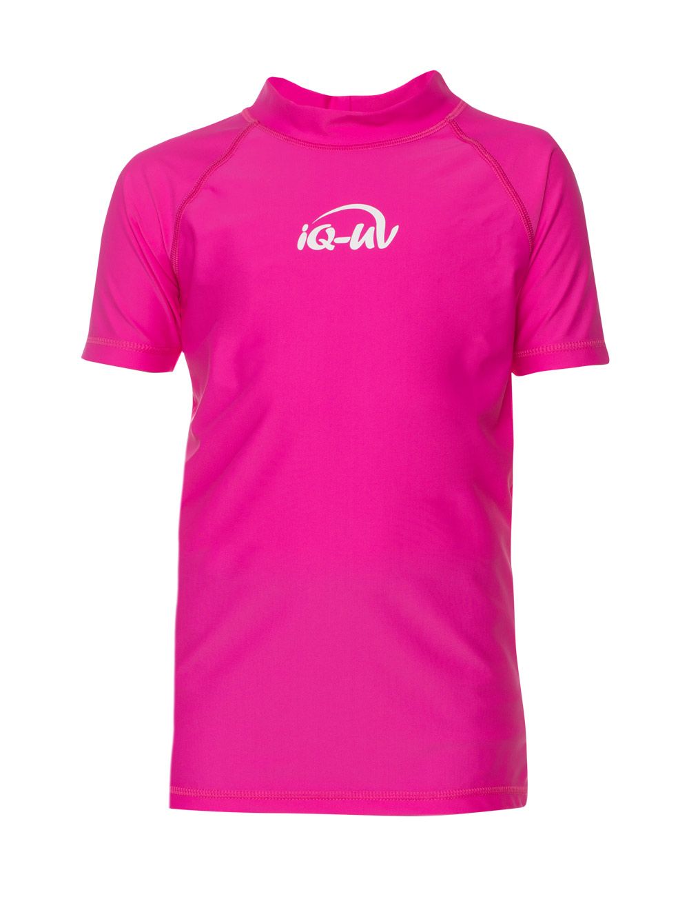 Pinkes iQ-UV Sonnenschutz Shirt Kids. Kurzarm, Stehkragen, weißes Logo. Auf weißem Hintergrund.