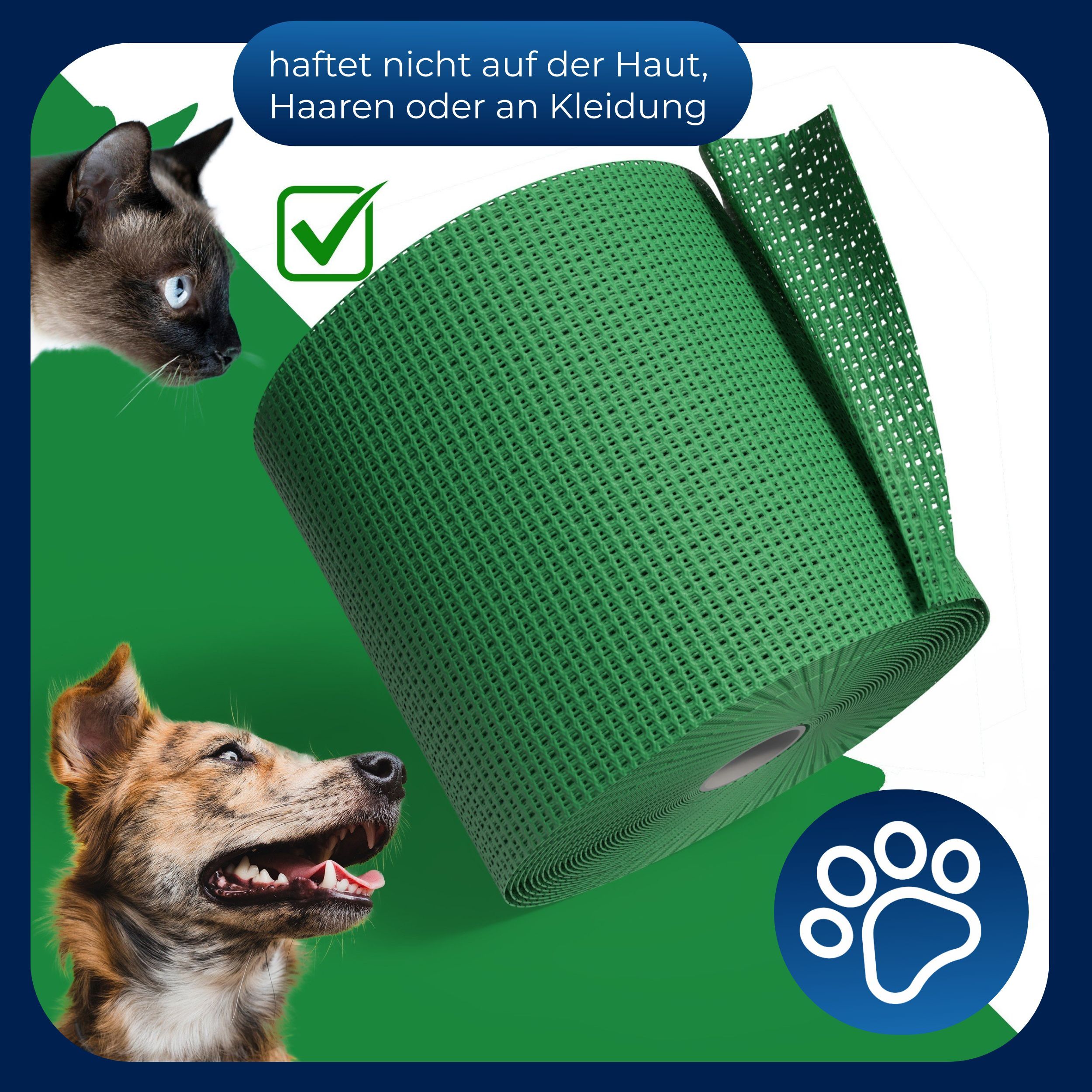 Grüne, selbsthaftende Bandage, teilweise aufgerollt. Text: 'haftet nicht auf der Haut, Haaren oder an Kleidung'. Katzen- und Hundeabbildungen.