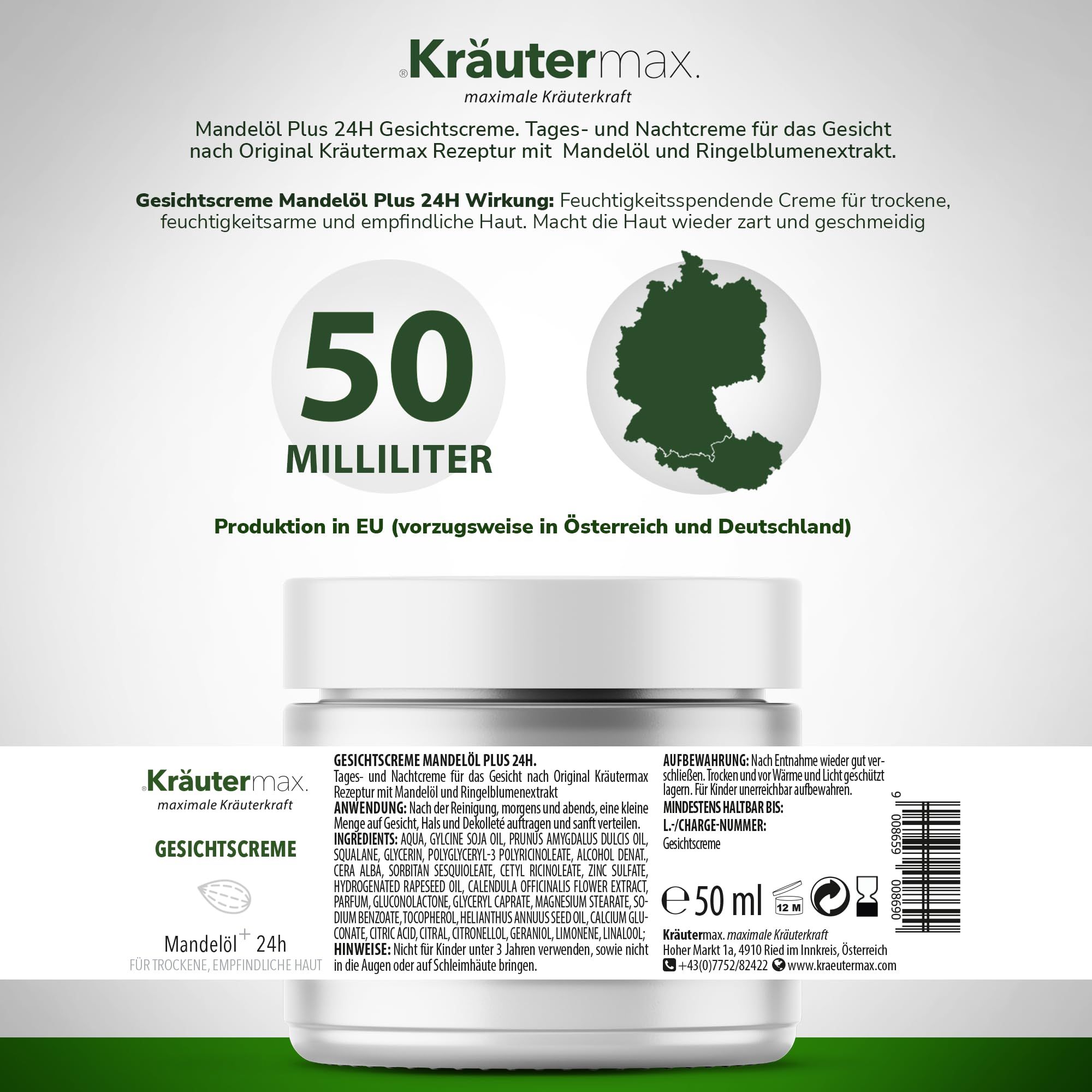 Creme-Tiegel mit 50 ml. Text: Gesichtscreme Mandelöl Plus 24H. Inhaltsstoffe, Anwendung. Hergestellt in EU (vorwiegend Österreich und Deutschland).