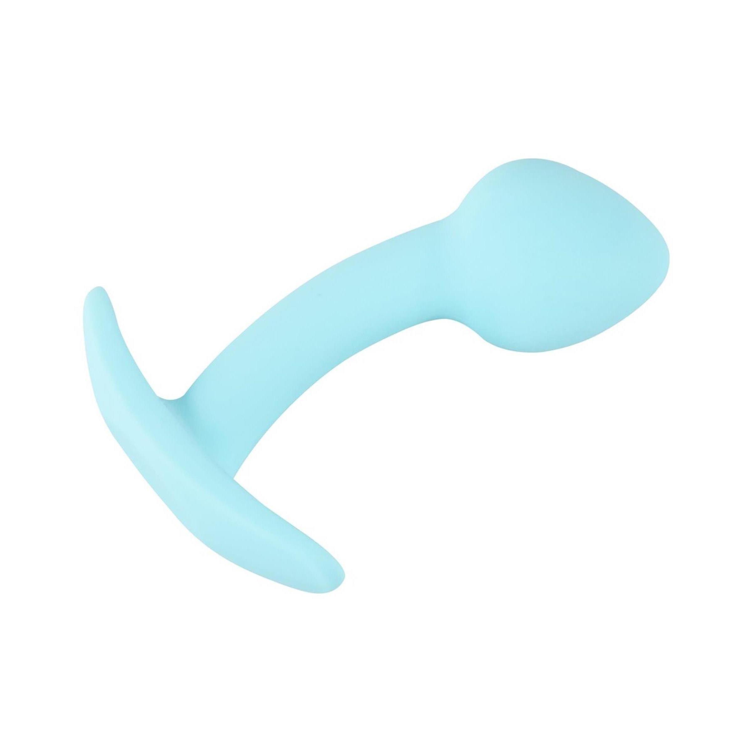 Hellblaues, gebogenes Analspielzeug mit abgerundeter Spitze und Basis. Aus weichem Material.