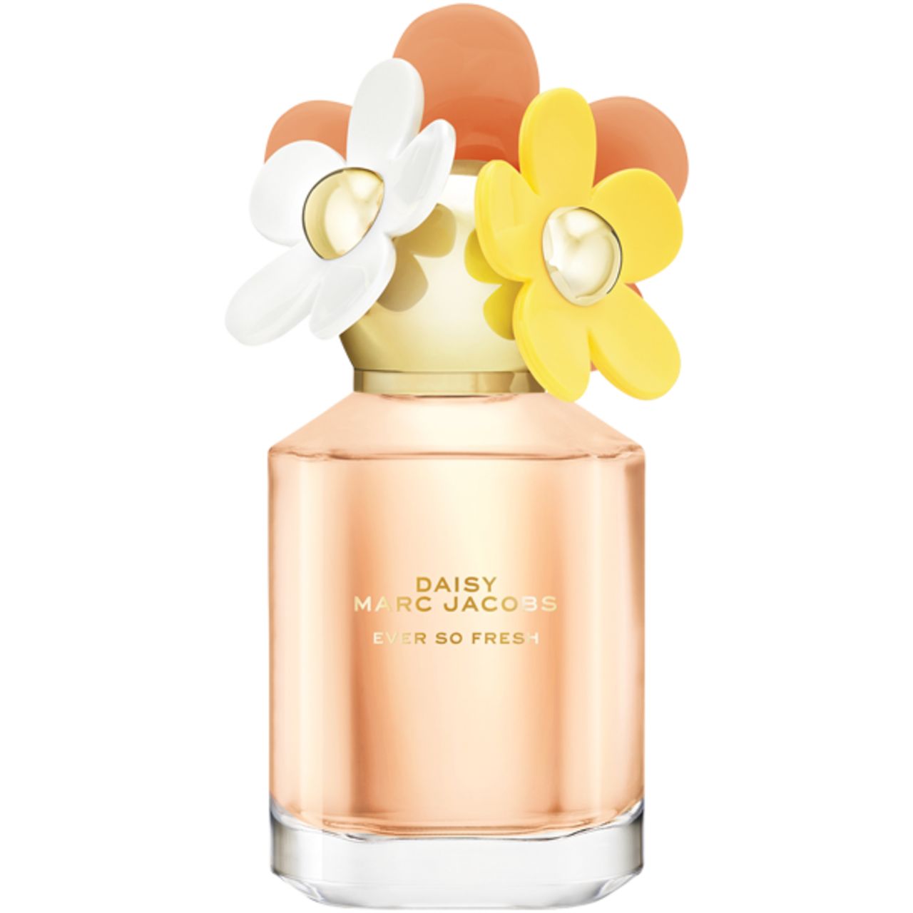 Parfümflasche mit gelben, weißen und orangefarbenen Blüten auf dem Deckel. Aufschrift: Daisy Marc Jacobs Ever so Fresh.