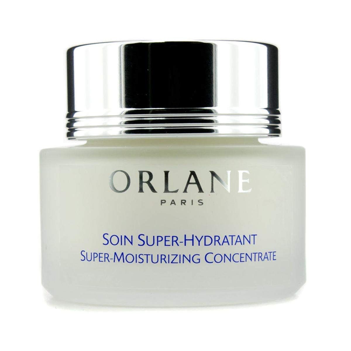 Creme-Tiegel mit silbernem Deckel. Aufschrift: ORLANE PARIS, SOIN SUPER-HYDRATANT, SUPER-MOISTURIZING CONCENTRATE.