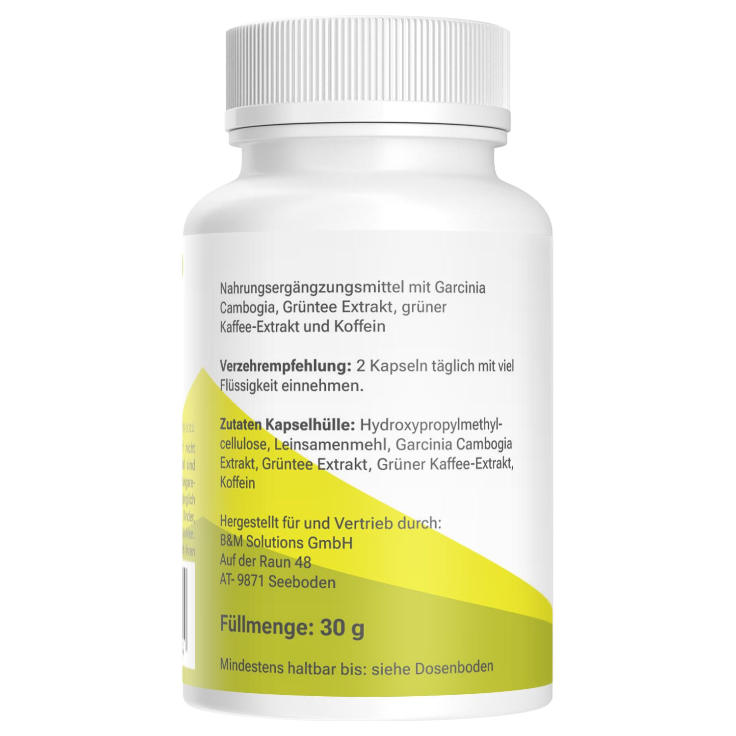 Weiße Kapsel-Dose mit gelbem Etikett. Text: Nahrungsergänzungsmittel, Inhaltsstoffe, Verzehrempfehlung, Füllmenge: 30 g.