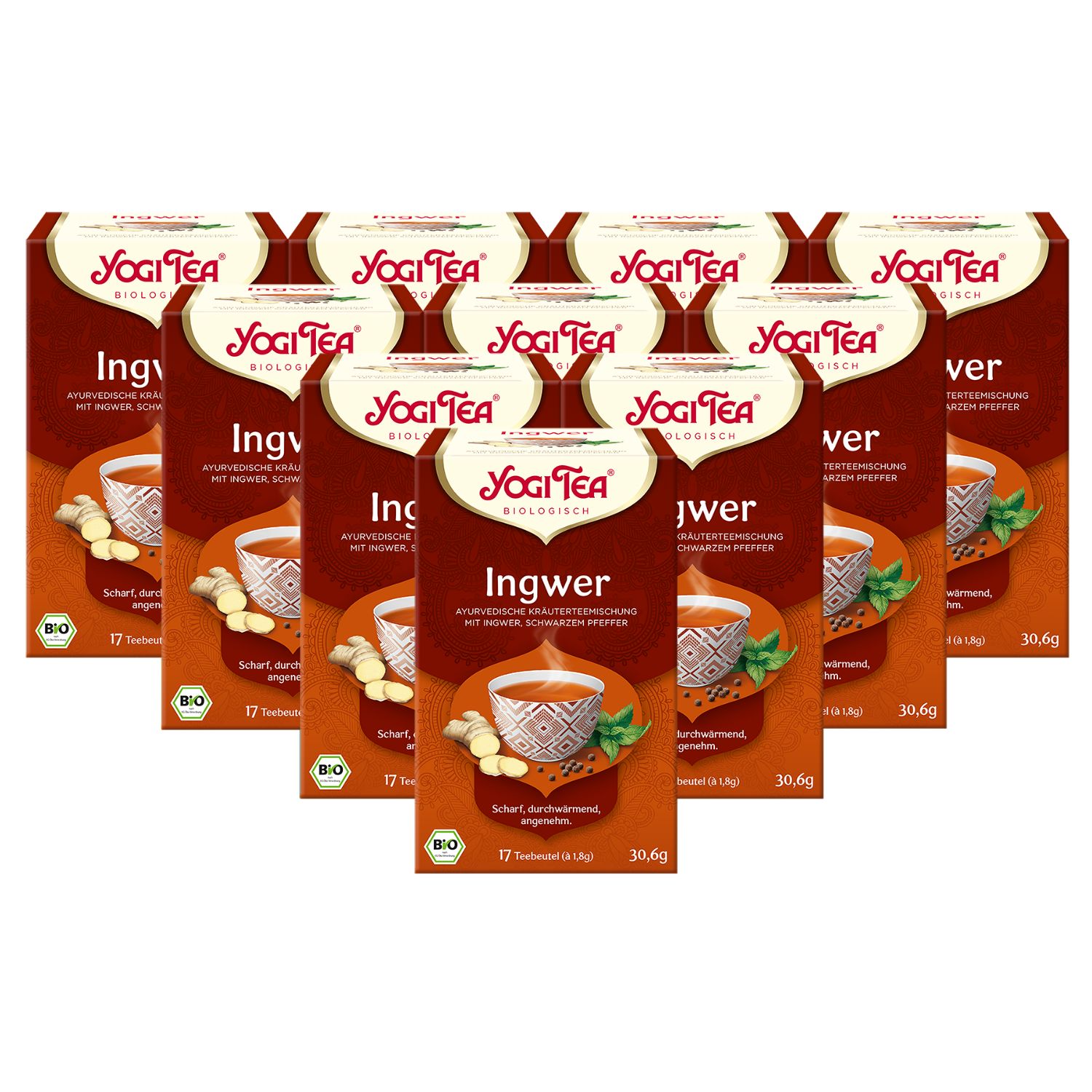 Mehrere Packungen Ingwer Bio Kräutertee. Rote Verpackung mit Logo und Produktbezeichnung. 17 Teebeutel pro Packung, Bio-Siegel.